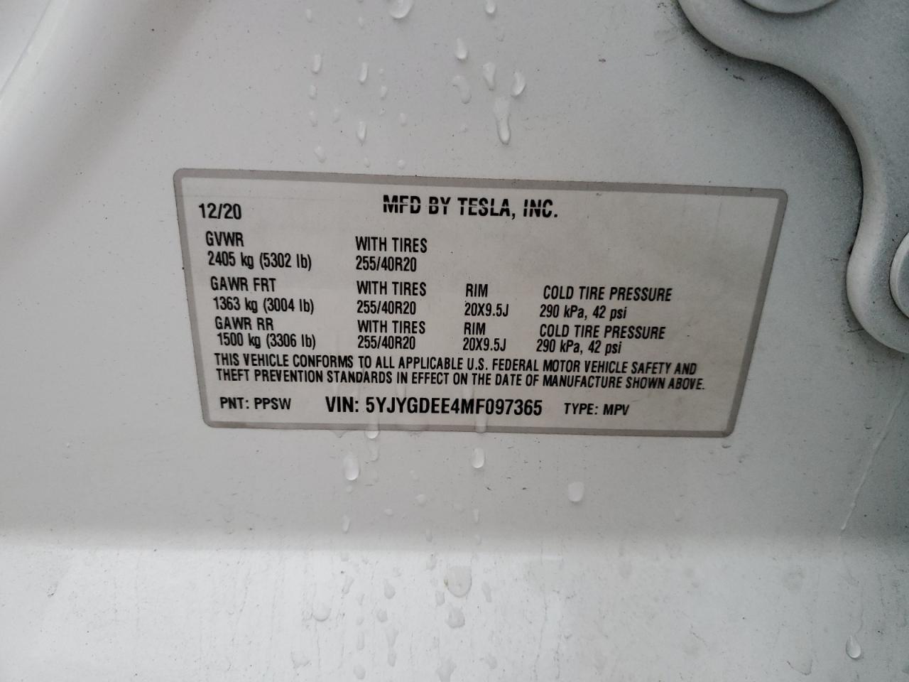 2021 Tesla Model Y VIN: 5YJYGDEE4MF097365 Lot: 93087575