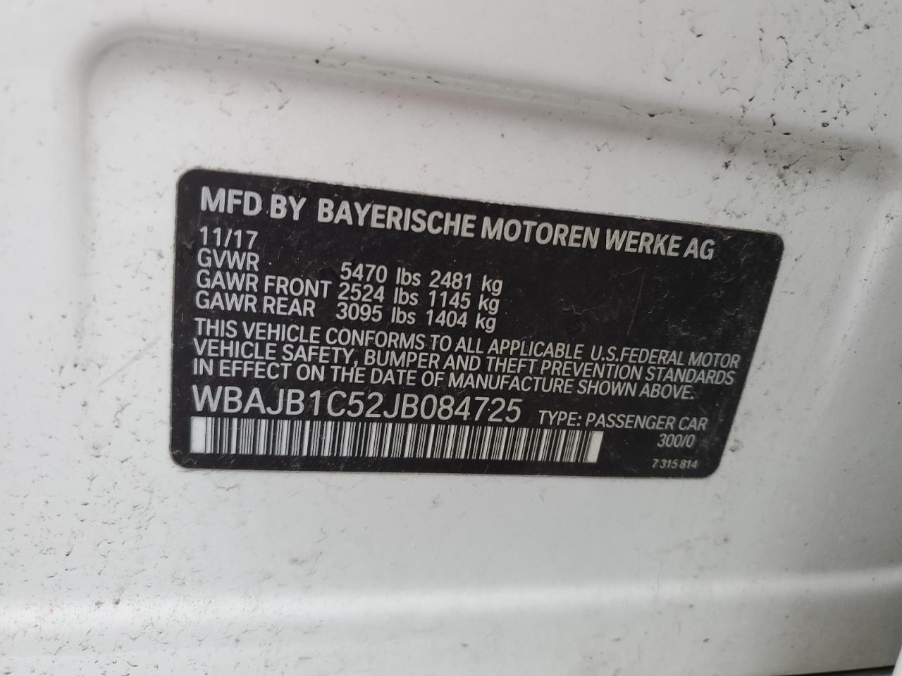 2018 BMW 530Xe VIN: WBAJB1C52JB084725 Lot: 93569285