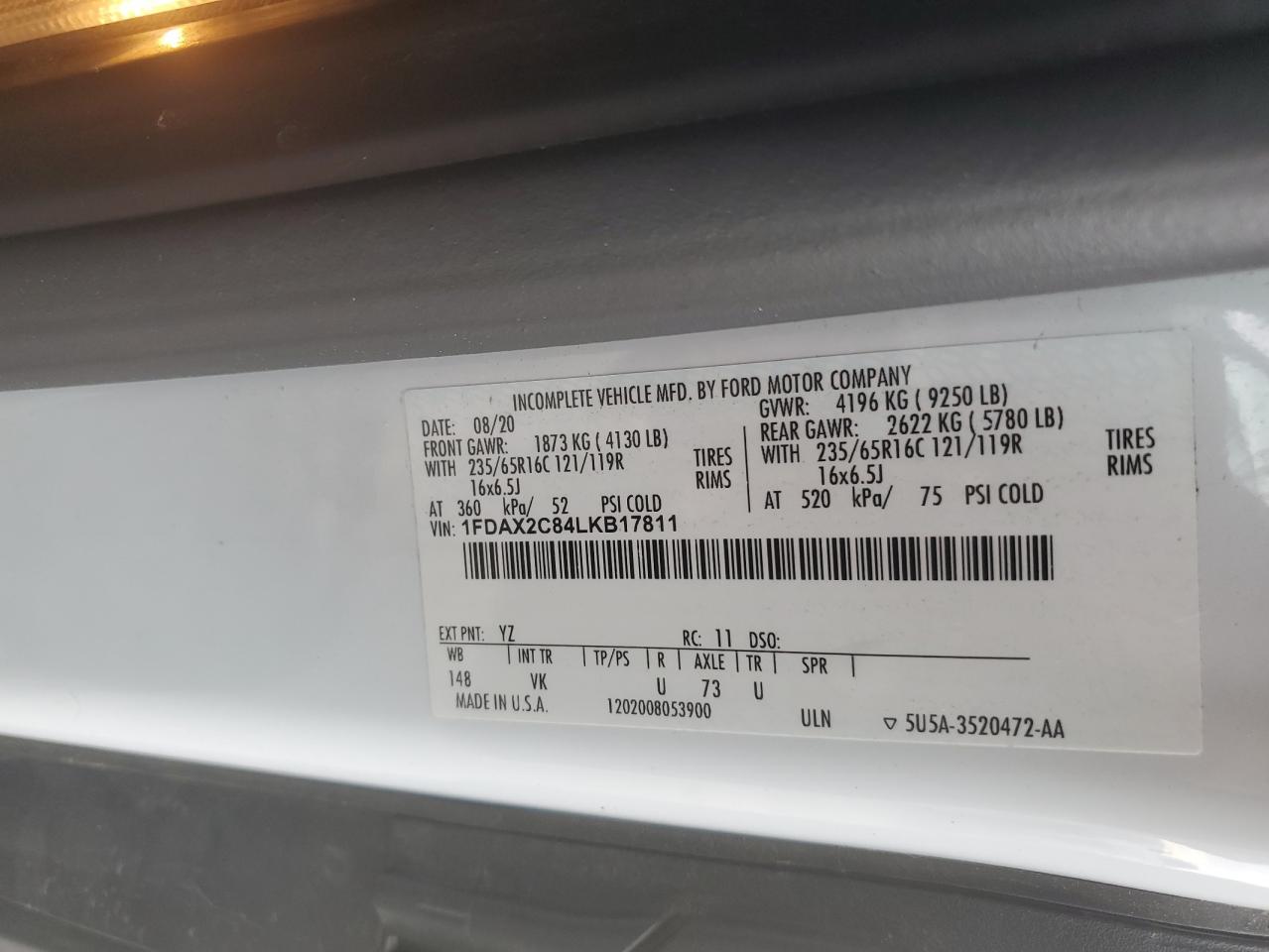 2020 Ford Transit T-350 VIN: 1FDAX2C84LKB17811 Lot: 90100875