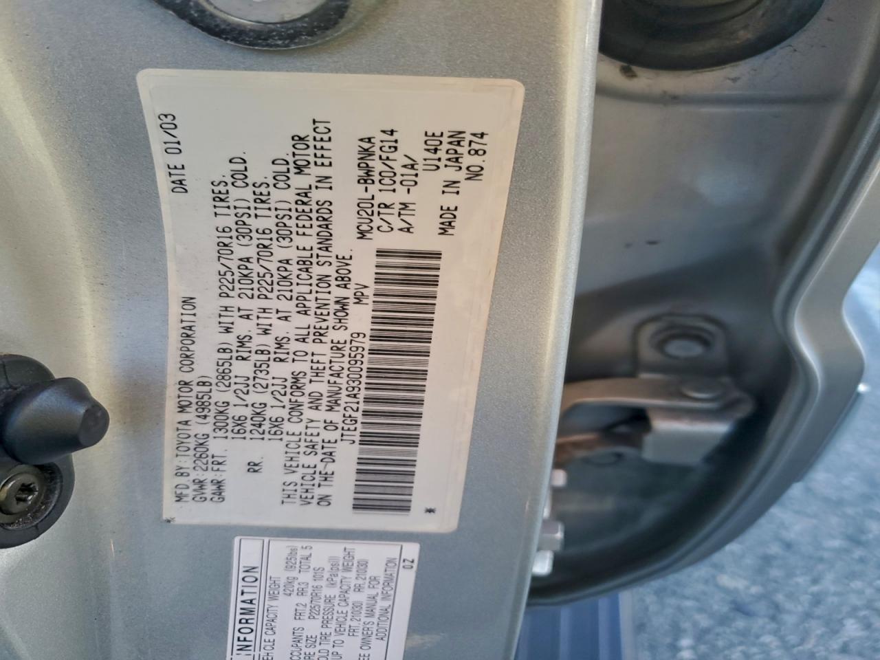 2003 Toyota Highlander Limited VIN: JTEGF21A930095979 Lot: 94334025