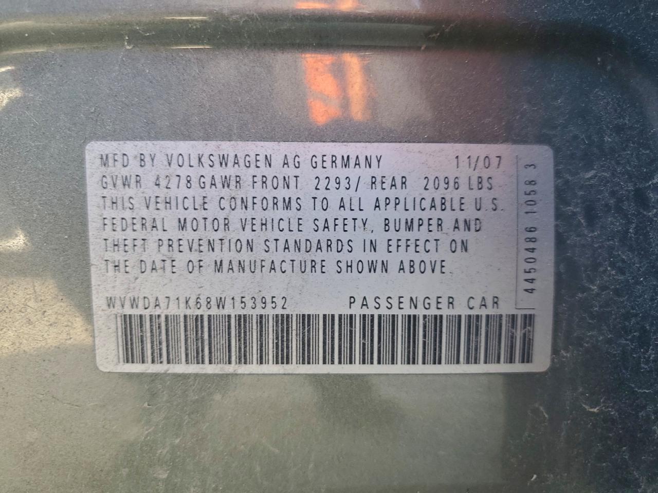 2008 Volkswagen Rabbit VIN: WVWDA71K68W153952 Lot: 94416565