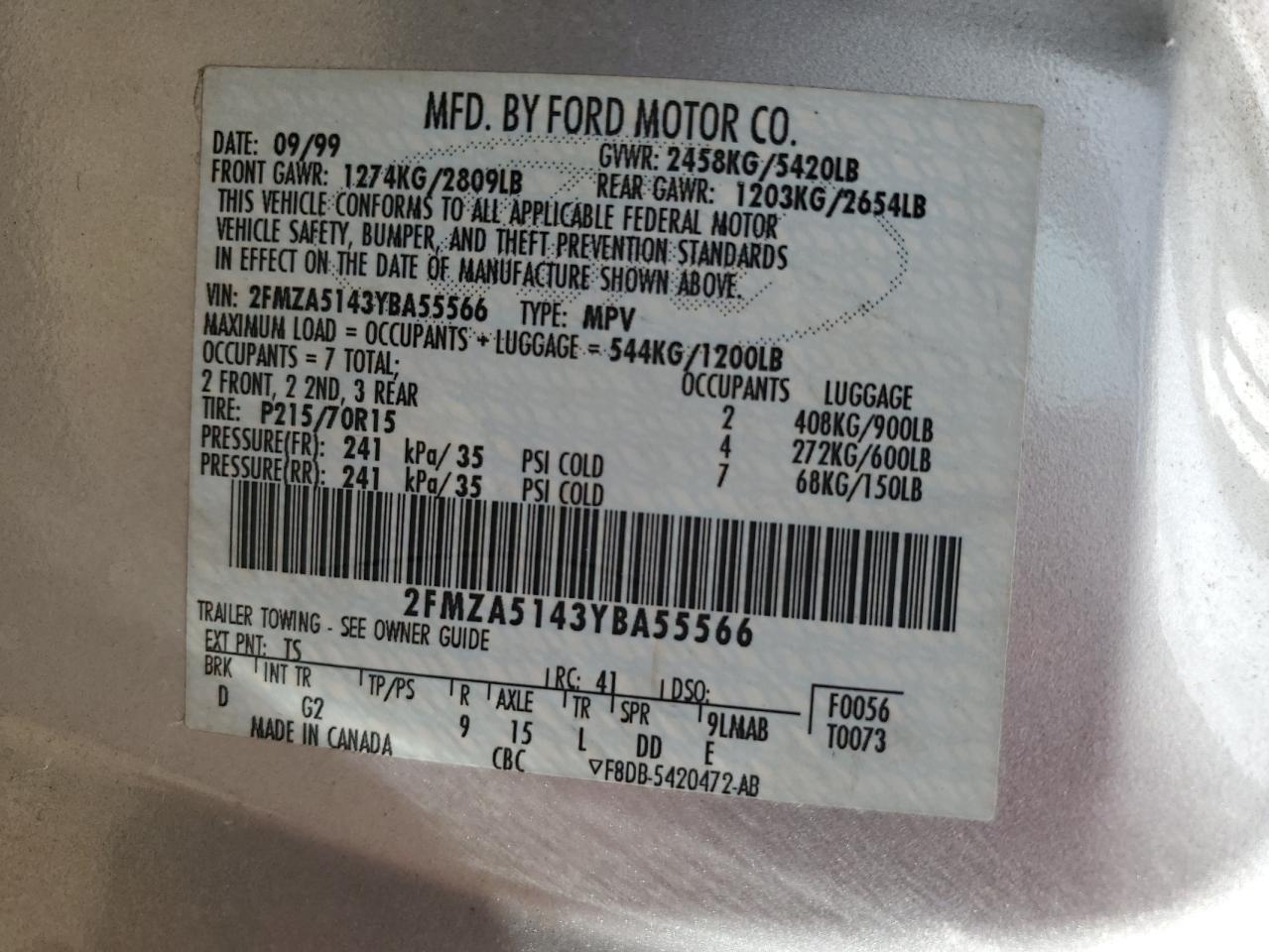 2000 Ford Windstar Lx VIN: 2FMZA5143YBA55566 Lot: 90797805