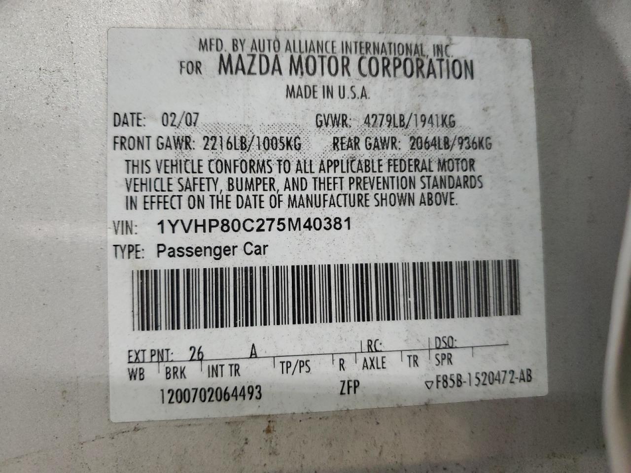 2007 Mazda 6 I VIN: 1YVHP80C275M40381 Lot: 91851055