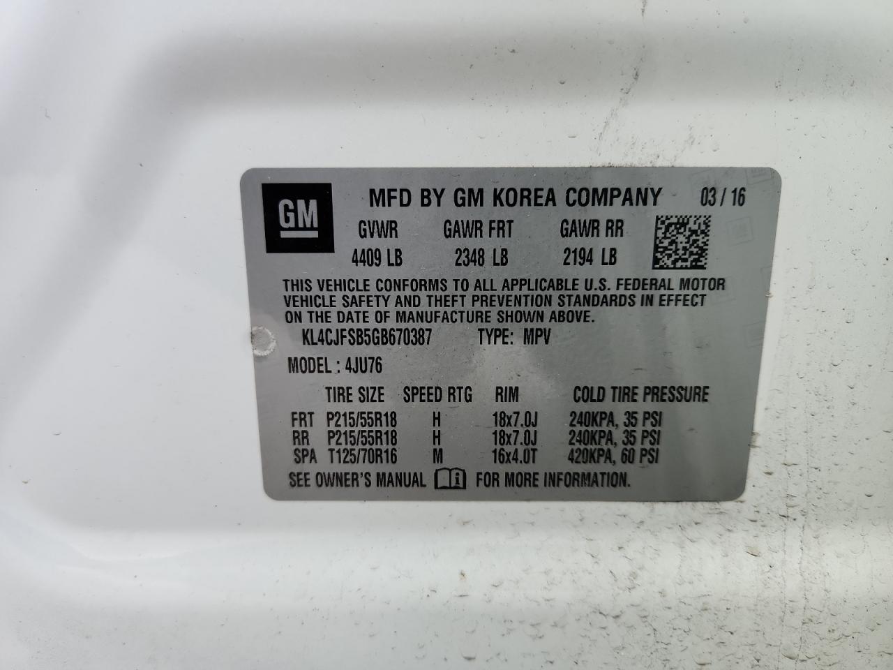 2016 Buick Encore Convenience VIN: KL4CJFSB5GB670387 Lot: 92378905