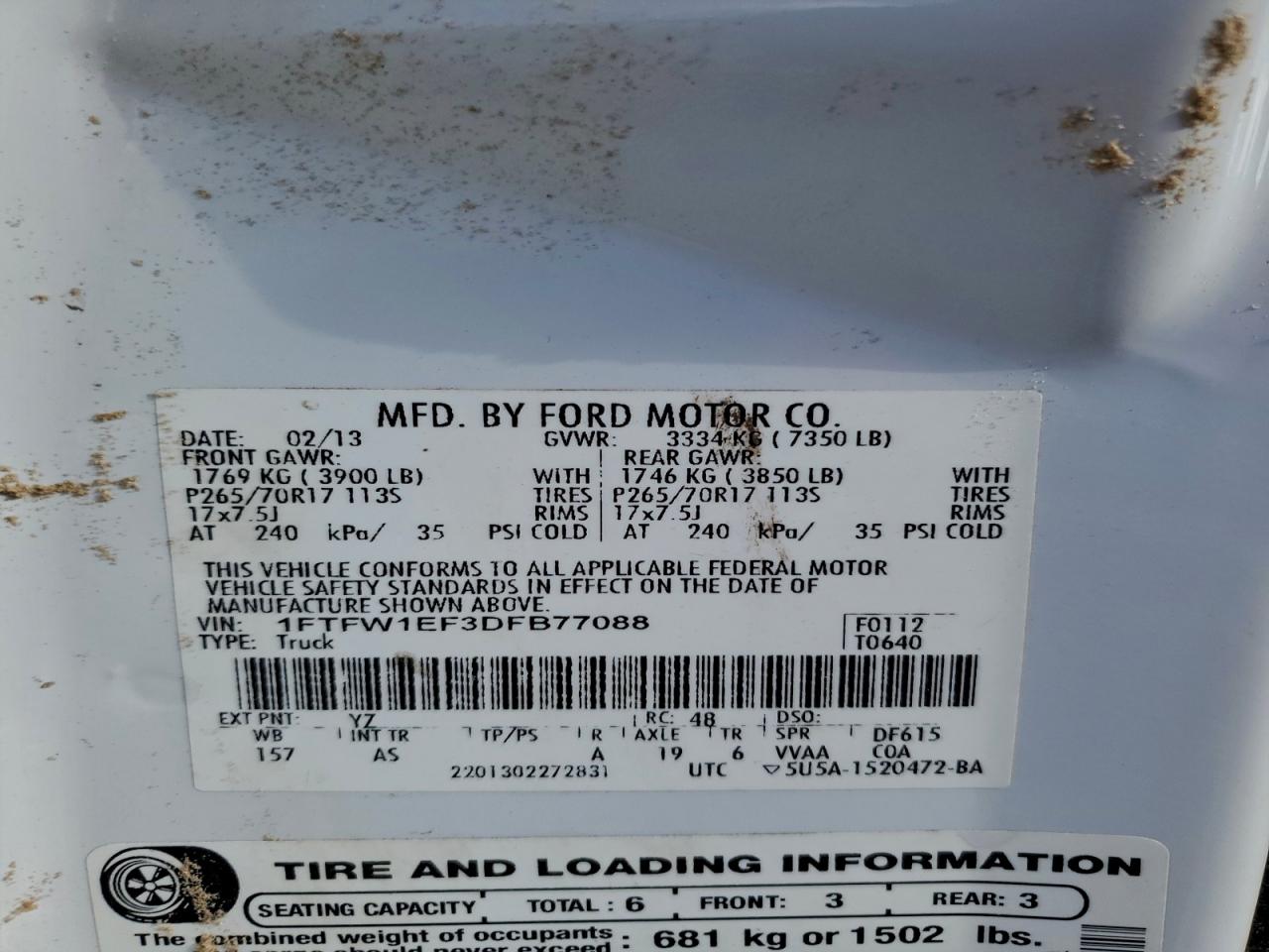 2013 Ford F150 Supercrew VIN: 1FTFW1EF3DFB77088 Lot: 93551405