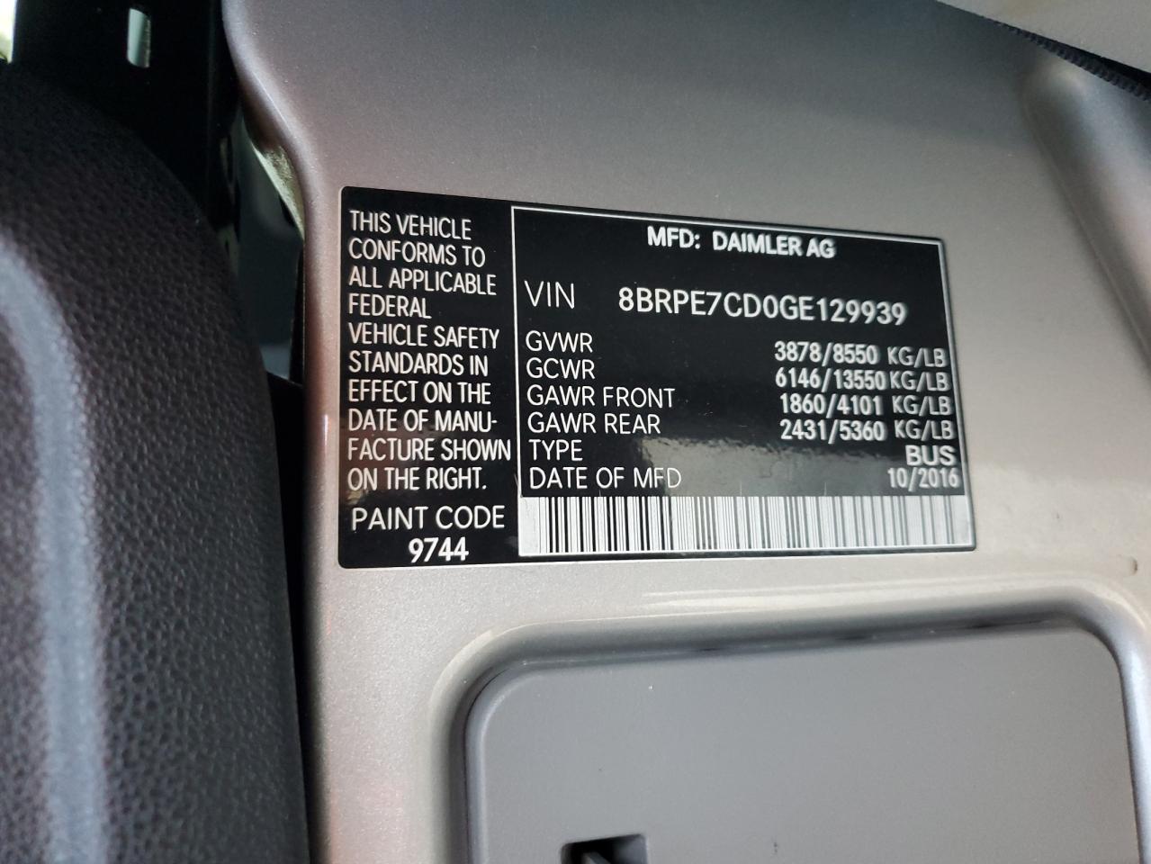 2016 Mercedes-Benz Sprinter 2500 VIN: 8BRPE7CD0GE129939 Lot: 91938965