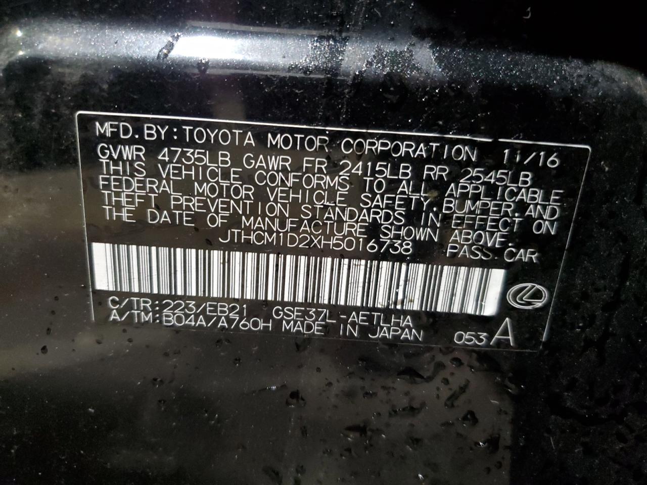 2017 Lexus Is 300 VIN: JTHCM1D2XH5016738 Lot: 93335475