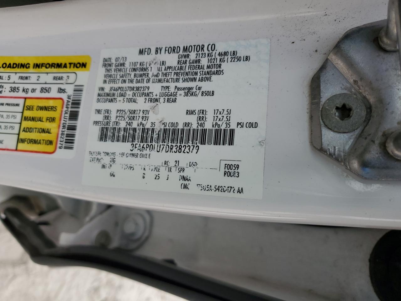 2013 Ford Fusion Se Hybrid VIN: 3FA6P0LU7DR382379 Lot: 93236685