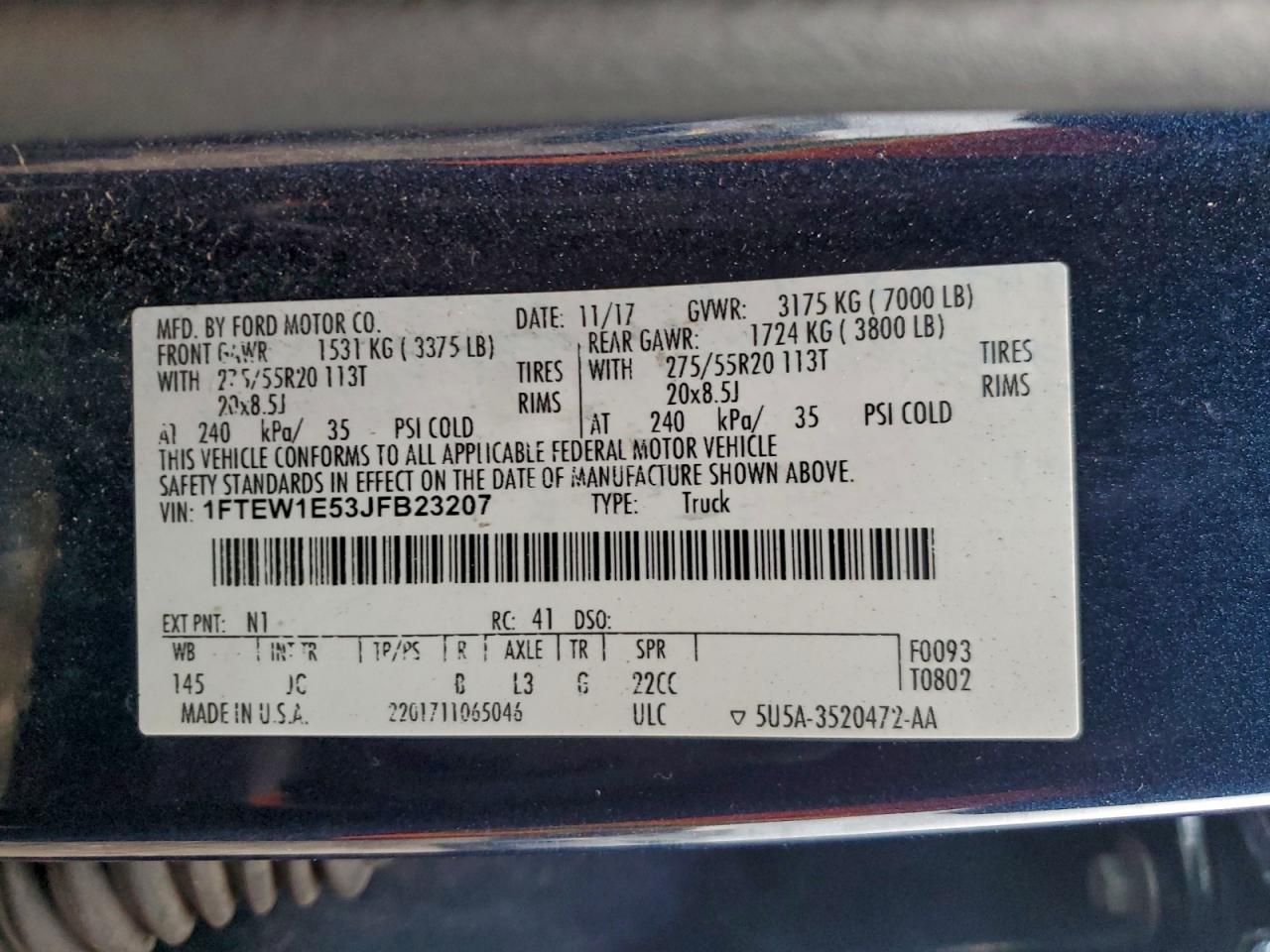 2018 Ford F150 Supercrew VIN: 1FTEW1E53JFB23207 Lot: 92759925