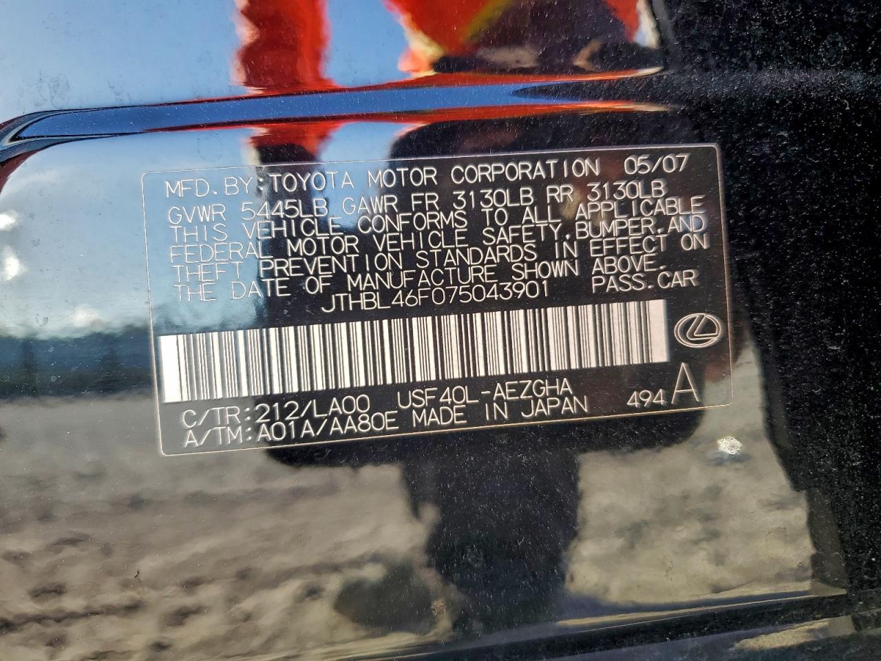 2007 Lexus Ls 460 VIN: JTHBL46F075043901 Lot: 94566755