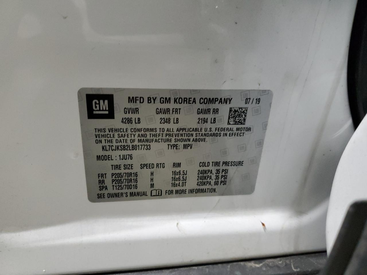 2020 Chevrolet Trax Ls VIN: KL7CJKSB2LB017733 Lot: 92468025