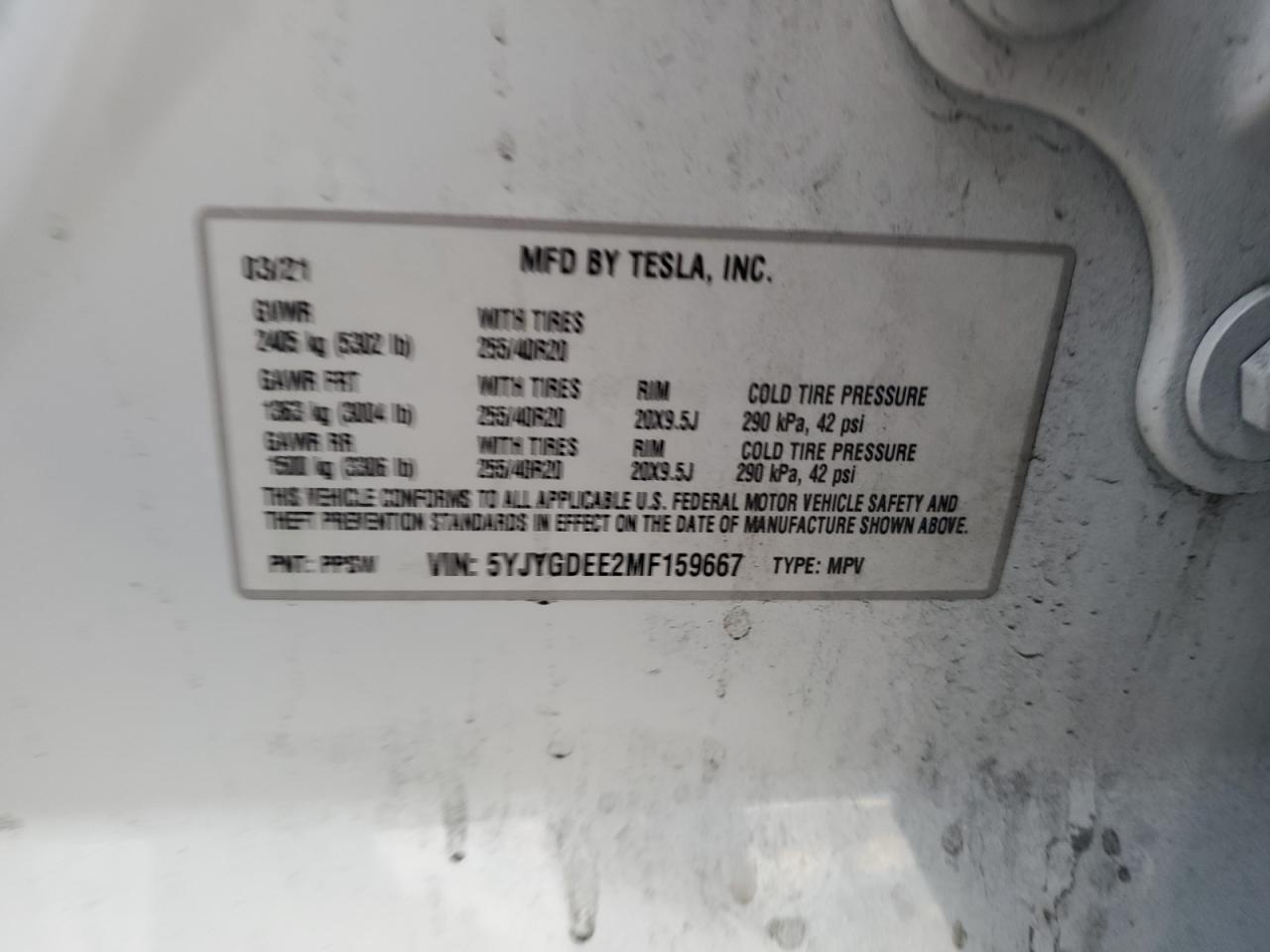 2021 Tesla Model Y VIN: 5YJYGDEE2MF159667 Lot: 92608345