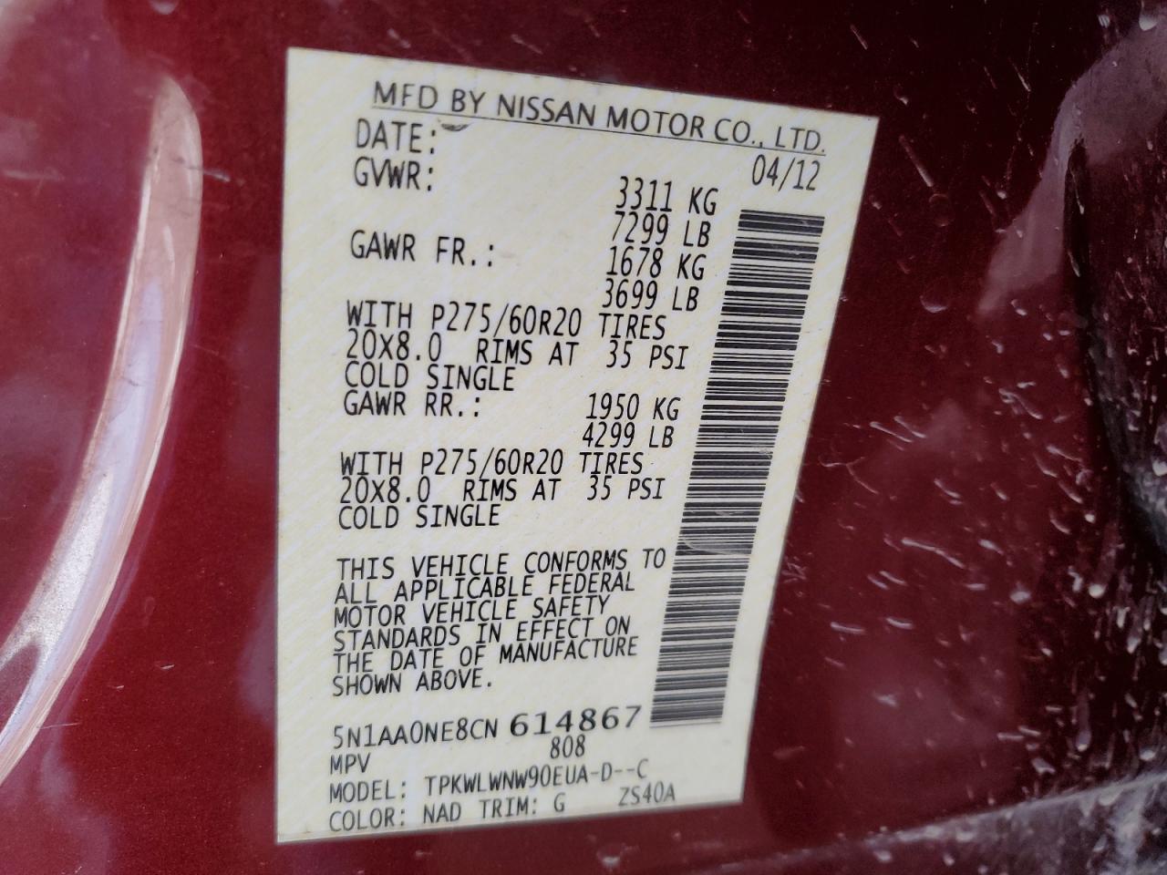 2012 Nissan Armada Sv VIN: 5N1AA0NE8CN614867 Lot: 93319345