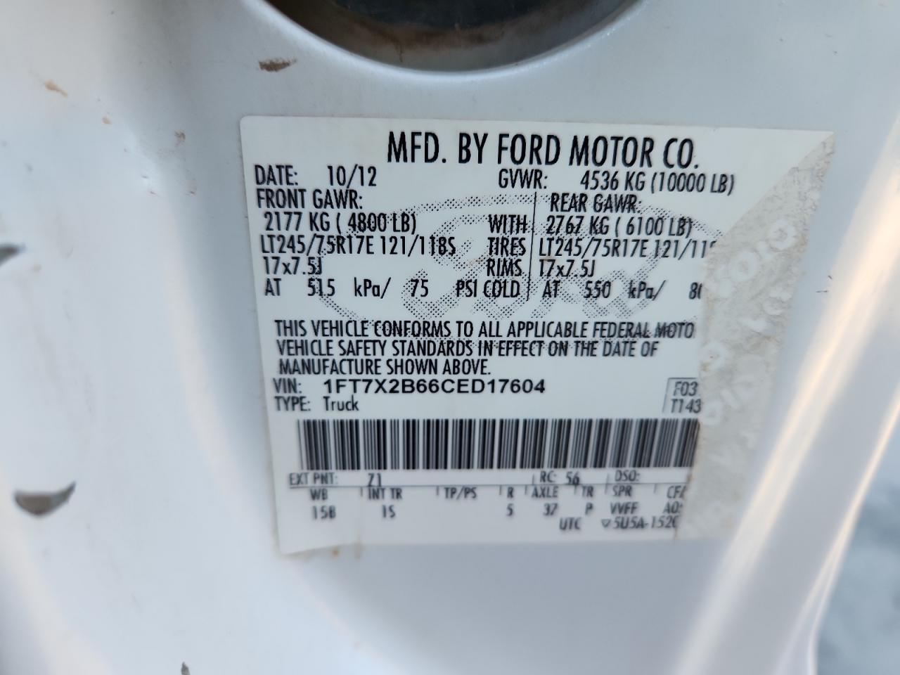 2012 Ford F250 Super Duty VIN: 1FT7X2B66CED17604 Lot: 91716585