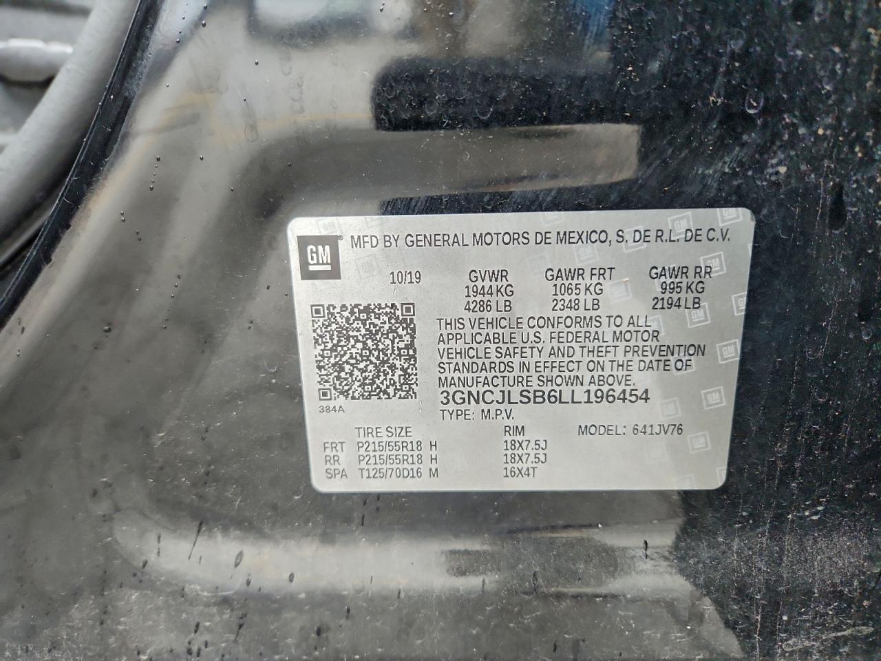 2020 Chevrolet Trax 1Lt VIN: 3GNCJLSB6LL196454 Lot: 94303185