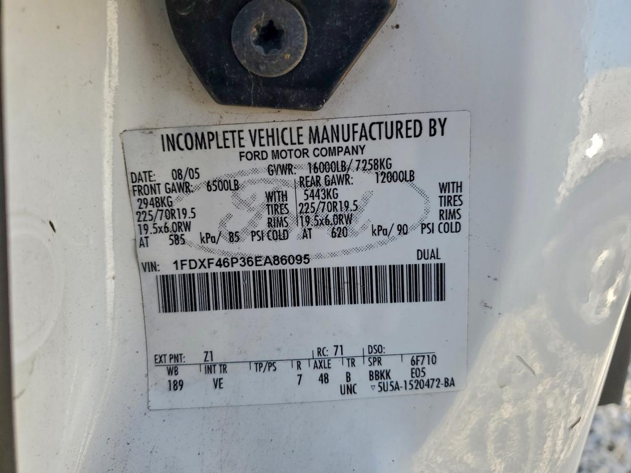 2006 Ford F450 Super Duty VIN: 1FDXF46P36EA86095 Lot: 93677955