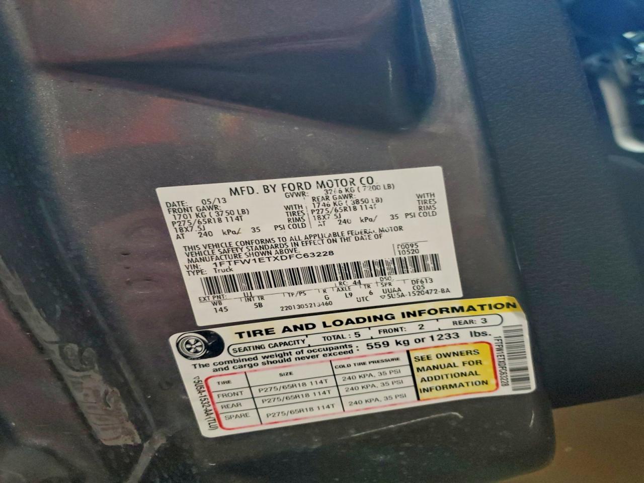 2013 Ford F150 Supercrew VIN: 1FTFW1ETXDFC63228 Lot: 92911785