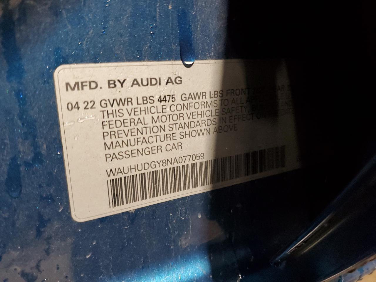 2022 Audi A3 Premium Plus VIN: WAUHUDGY8NA077059 Lot: 93292015