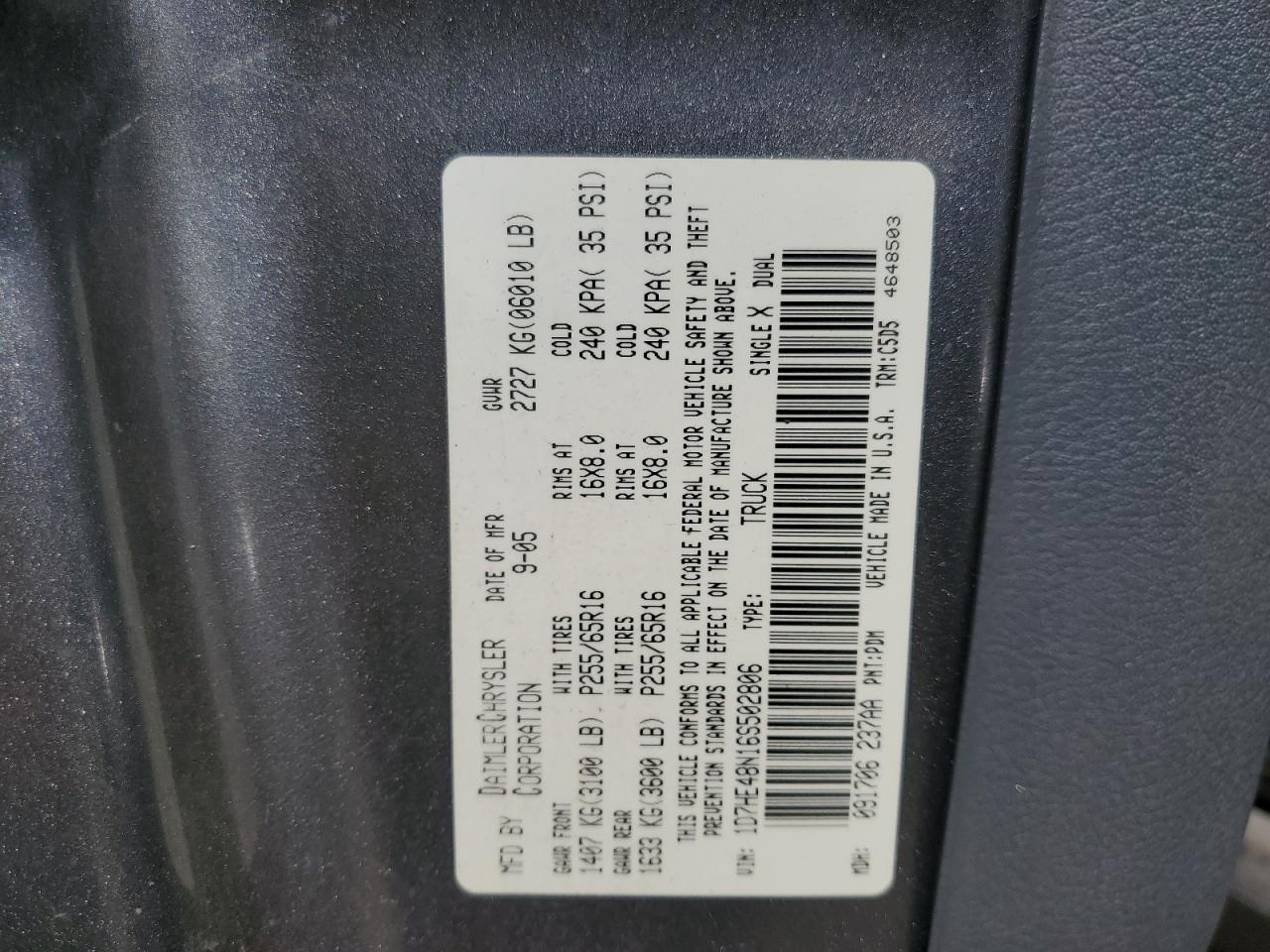 2006 Dodge Dakota Quad Slt VIN: 1D7HE48N16S502806 Lot: 92028675