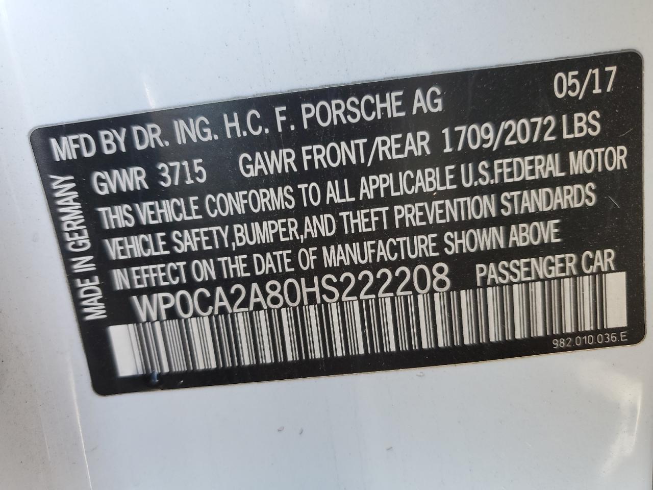 2017 Porsche Boxster VIN: WP0CA2A80HS222208 Lot: 91272395