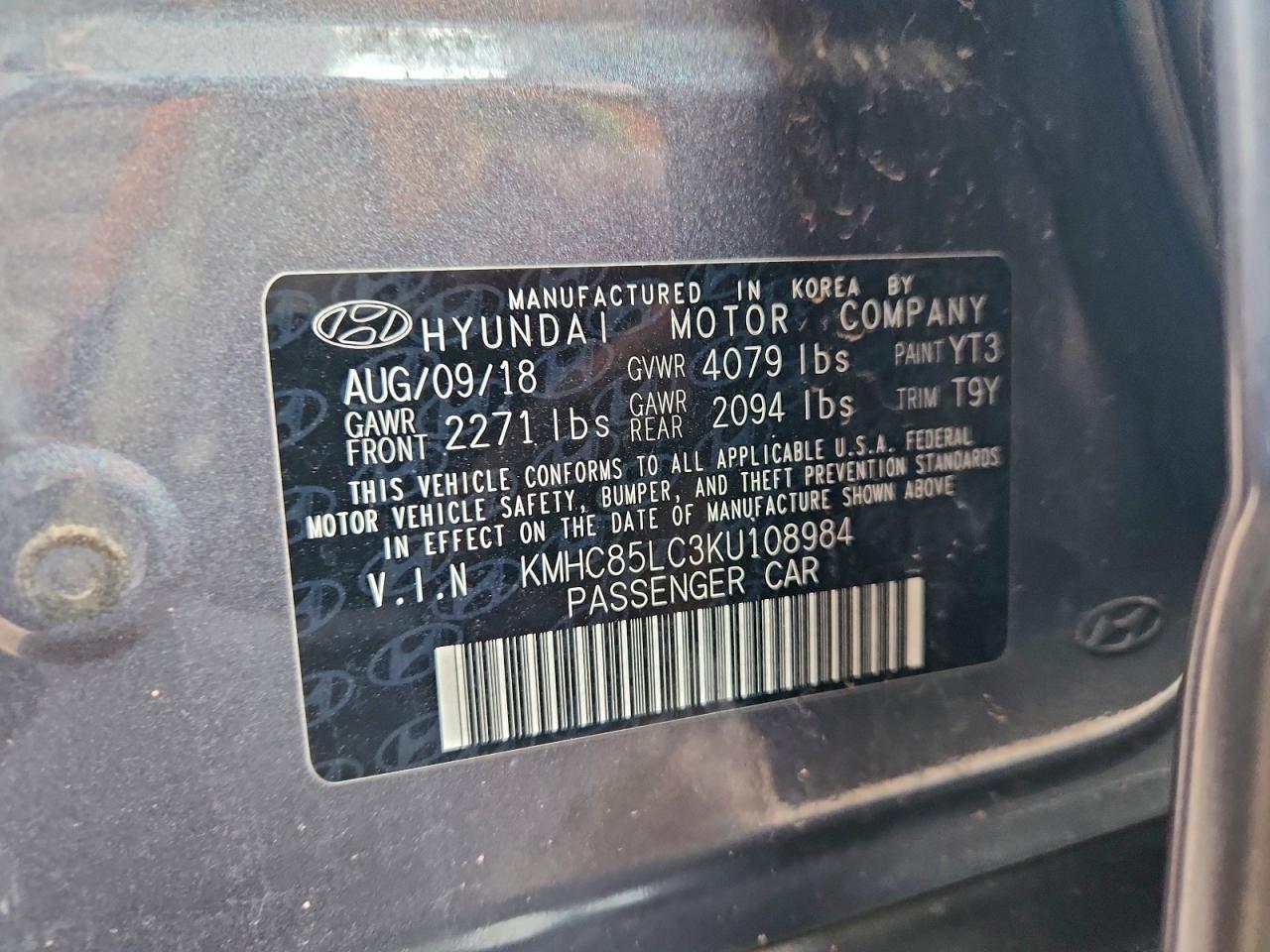 2019 Hyundai Ioniq Limited VIN: KMHC85LC3KU108984 Lot: 93968885