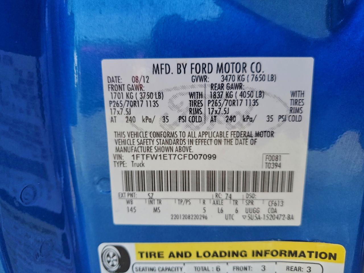 2012 Ford F150 Supercrew VIN: 1FTFW1ET7CFD07099 Lot: 94764745