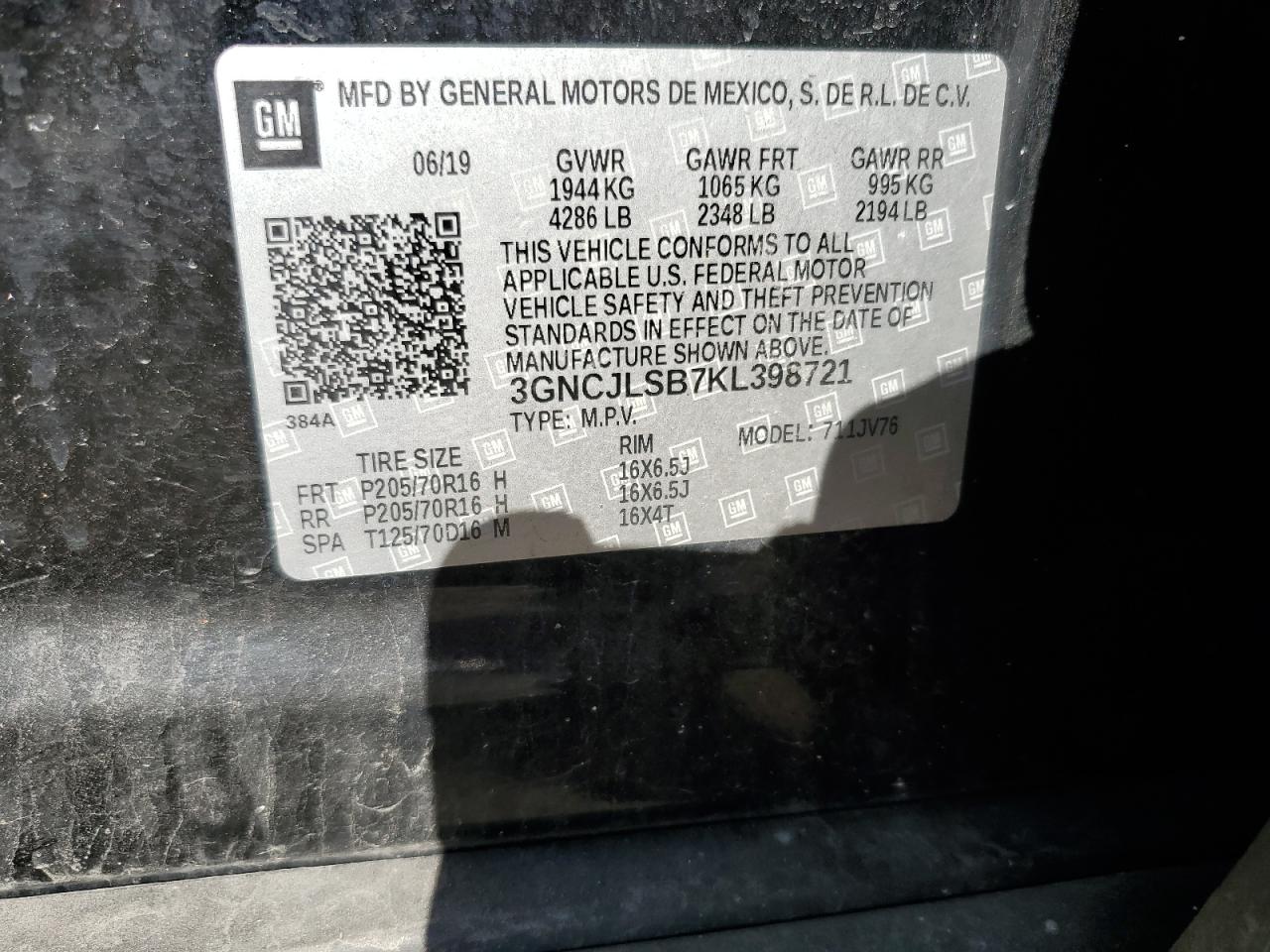 2019 Chevrolet Trax 1Lt VIN: 3GNCJLSB7KL398721 Lot: 92706295