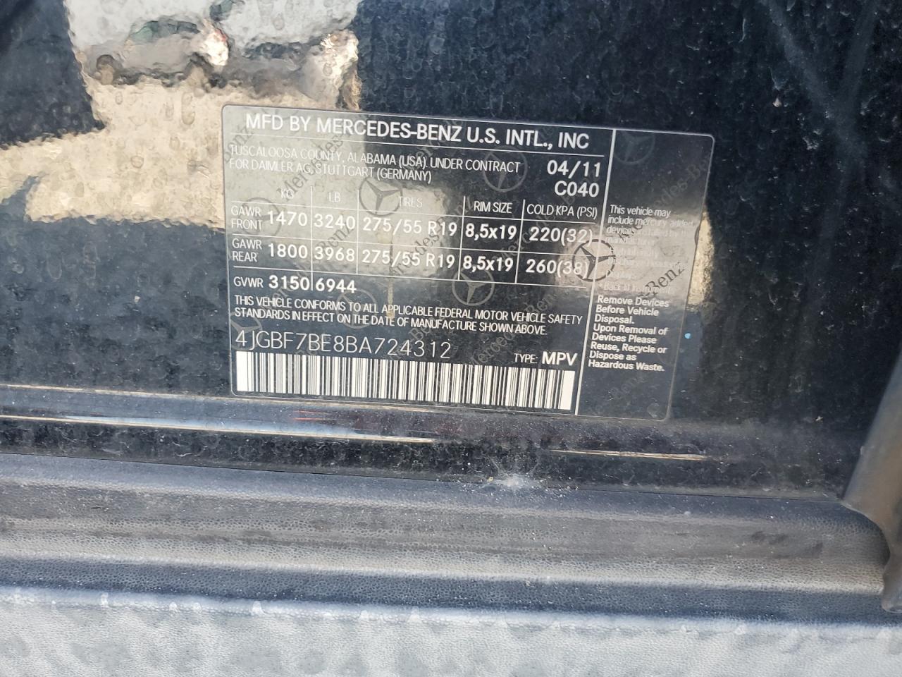 2011 Mercedes-Benz Gl 450 4Matic VIN: 4JGBF7BE8BA724312 Lot: 93675085