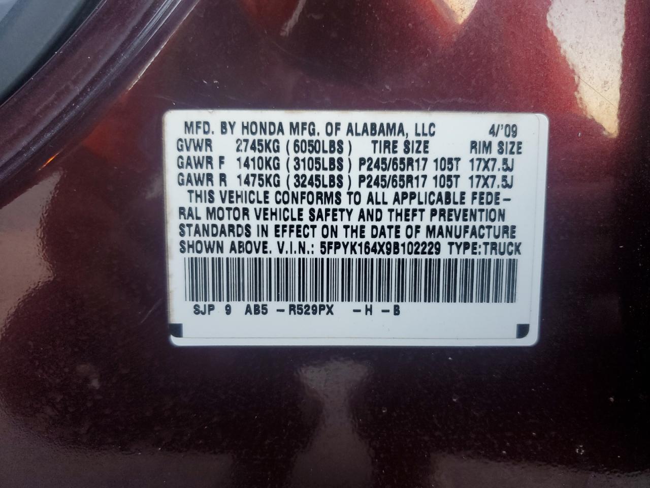 2009 Honda Ridgeline Rts VIN: 5FPYK164X9B102229 Lot: 93413865