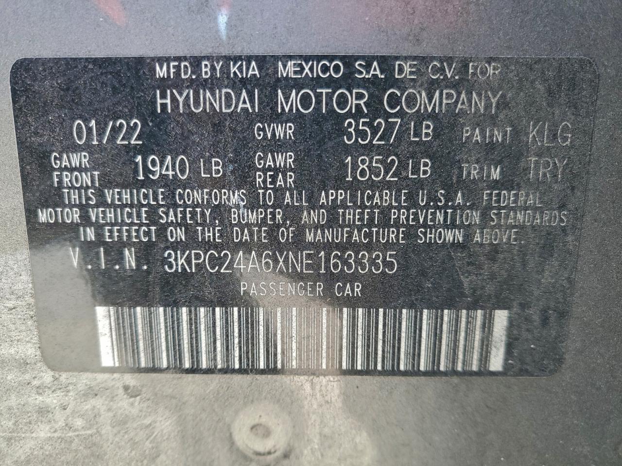 2022 Hyundai Accent Se VIN: 3KPC24A6XNE163335 Lot: 94304185