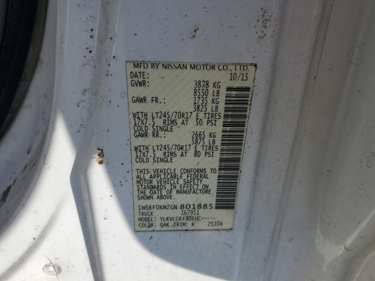 2016 Nissan Nv 1500 Delivery Van VIN: 1N6BF0KM2GN801885 Lot: 91118865