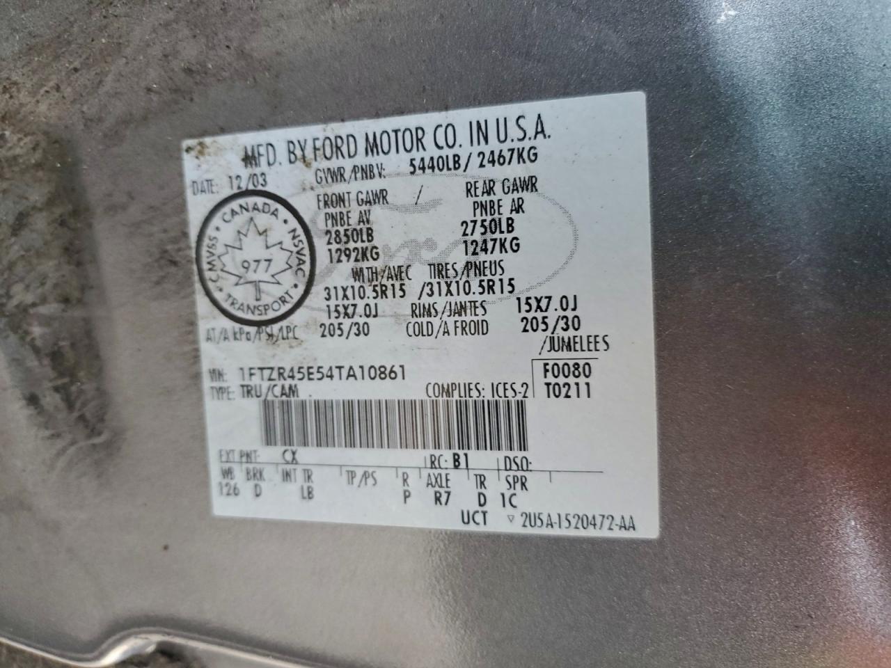 2004 Ford Ranger Super Cab VIN: 1FTZR45E54TA10861 Lot: 94330185