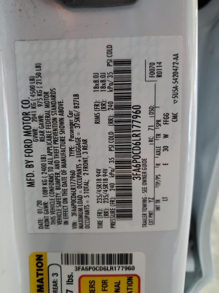 2020 Ford Fusion Sel VIN: 3FA6P0CD6LR177960 Lot: 91383435