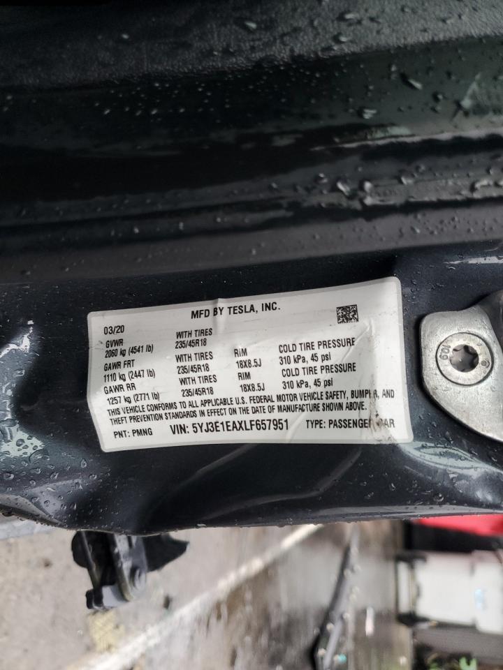 2020 Tesla Model 3 VIN: 5YJ3E1EAXLF657951 Lot: 94081265