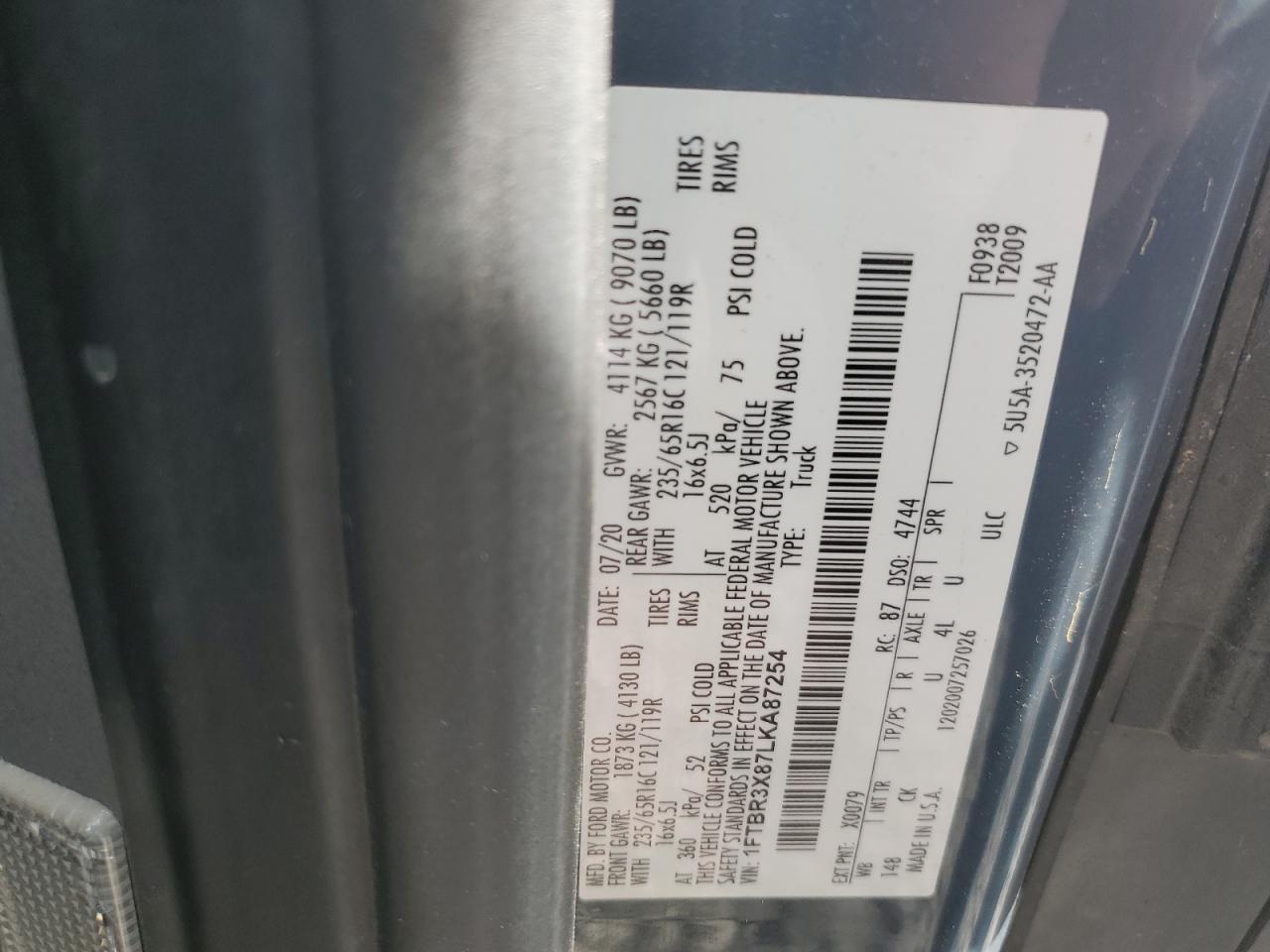 2020 Ford Transit Delivery Van VIN: 1FTBR3X87LKA87254 Lot: 92787235