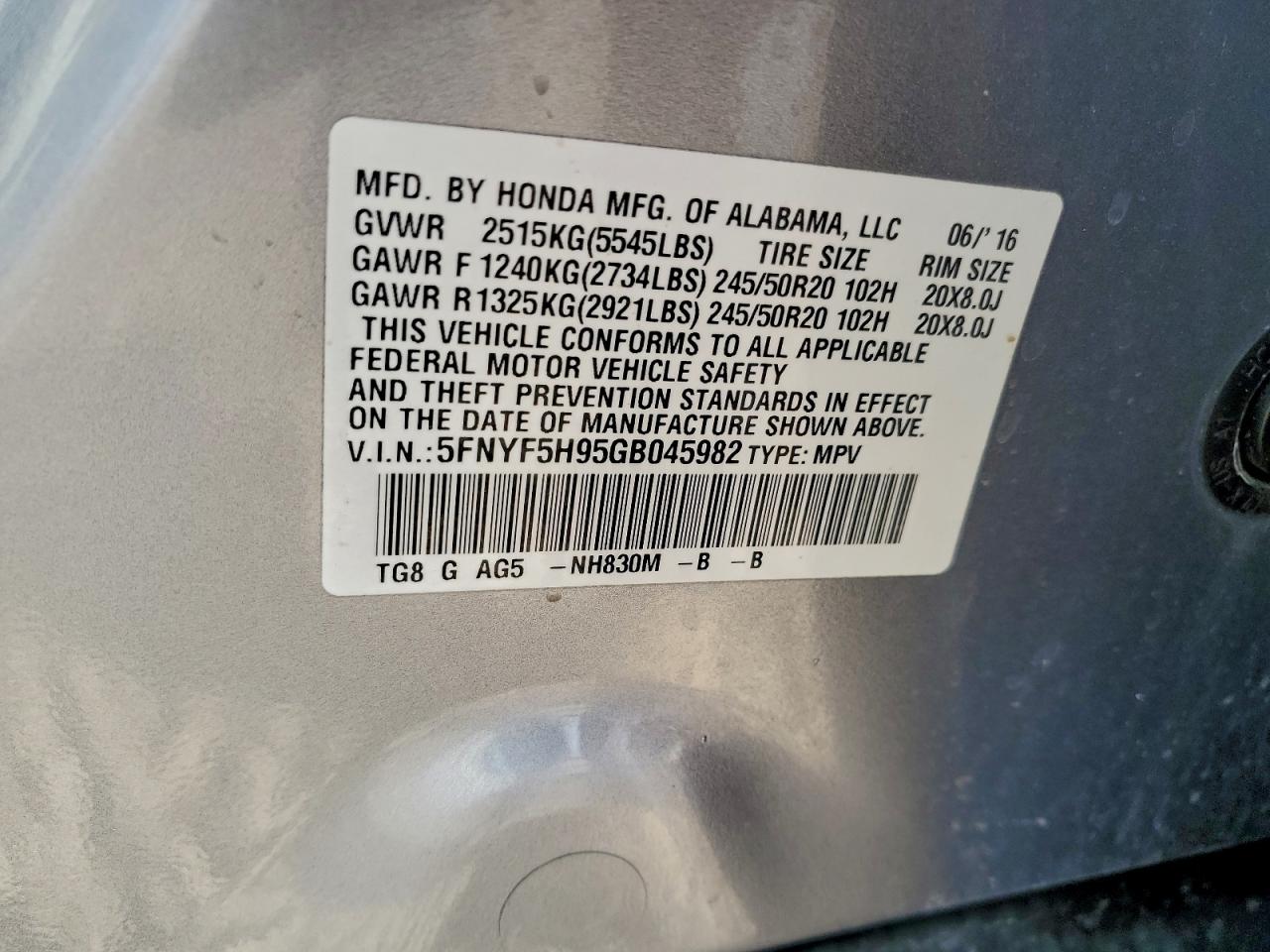 2016 Honda Pilot Touring VIN: 5FNYF5H95GB045982 Lot: 94291225