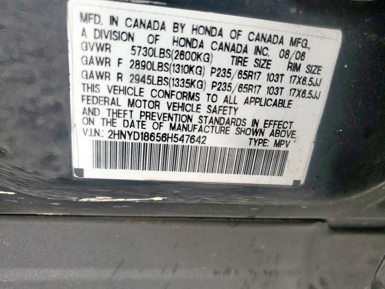 2006 Acura Mdx Touring VIN: 2HNYD18656H547642 Lot: 91095605