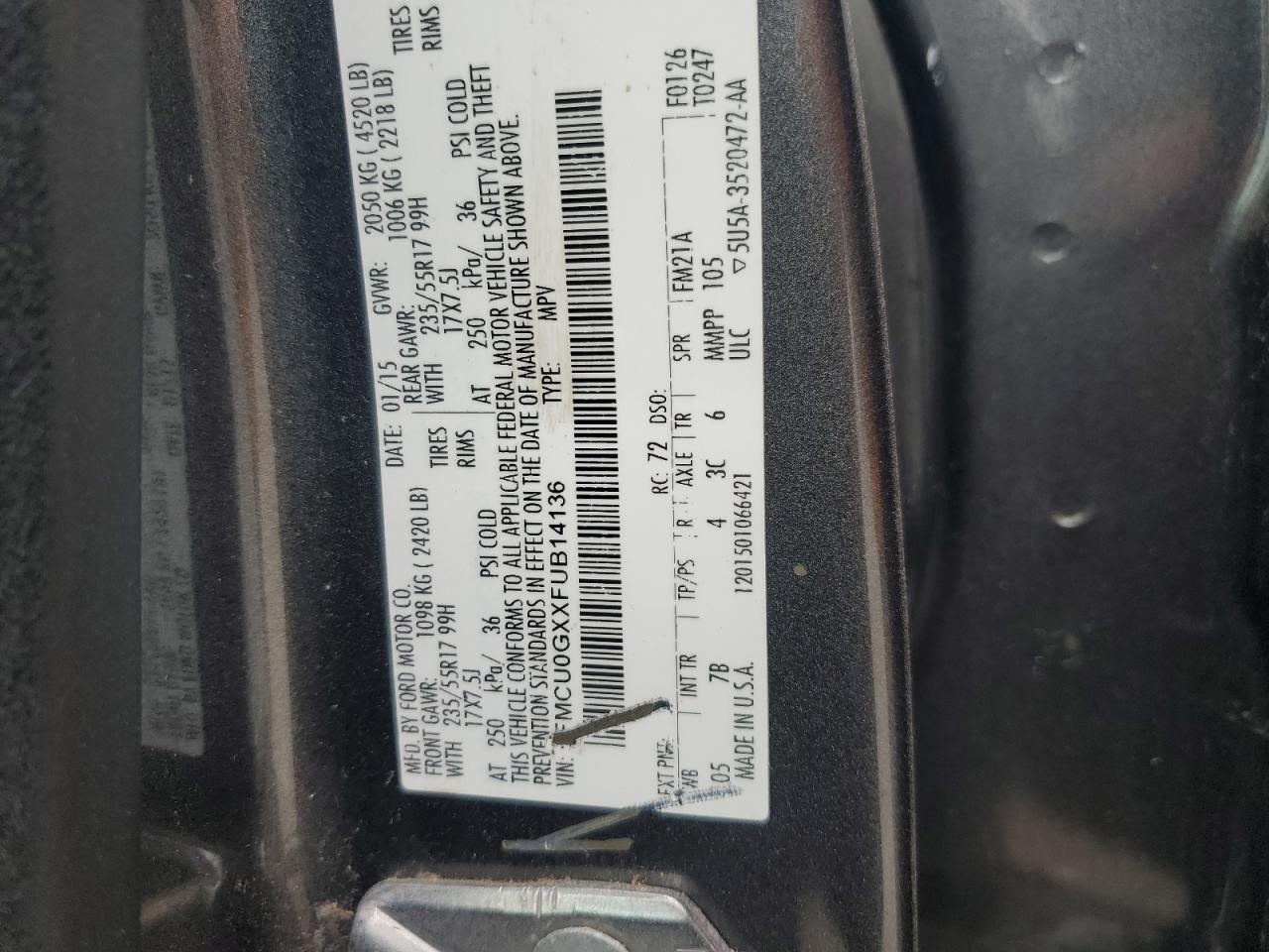 2015 Ford Escape Se VIN: 1FMCU0GXXFUB14136 Lot: 95001475