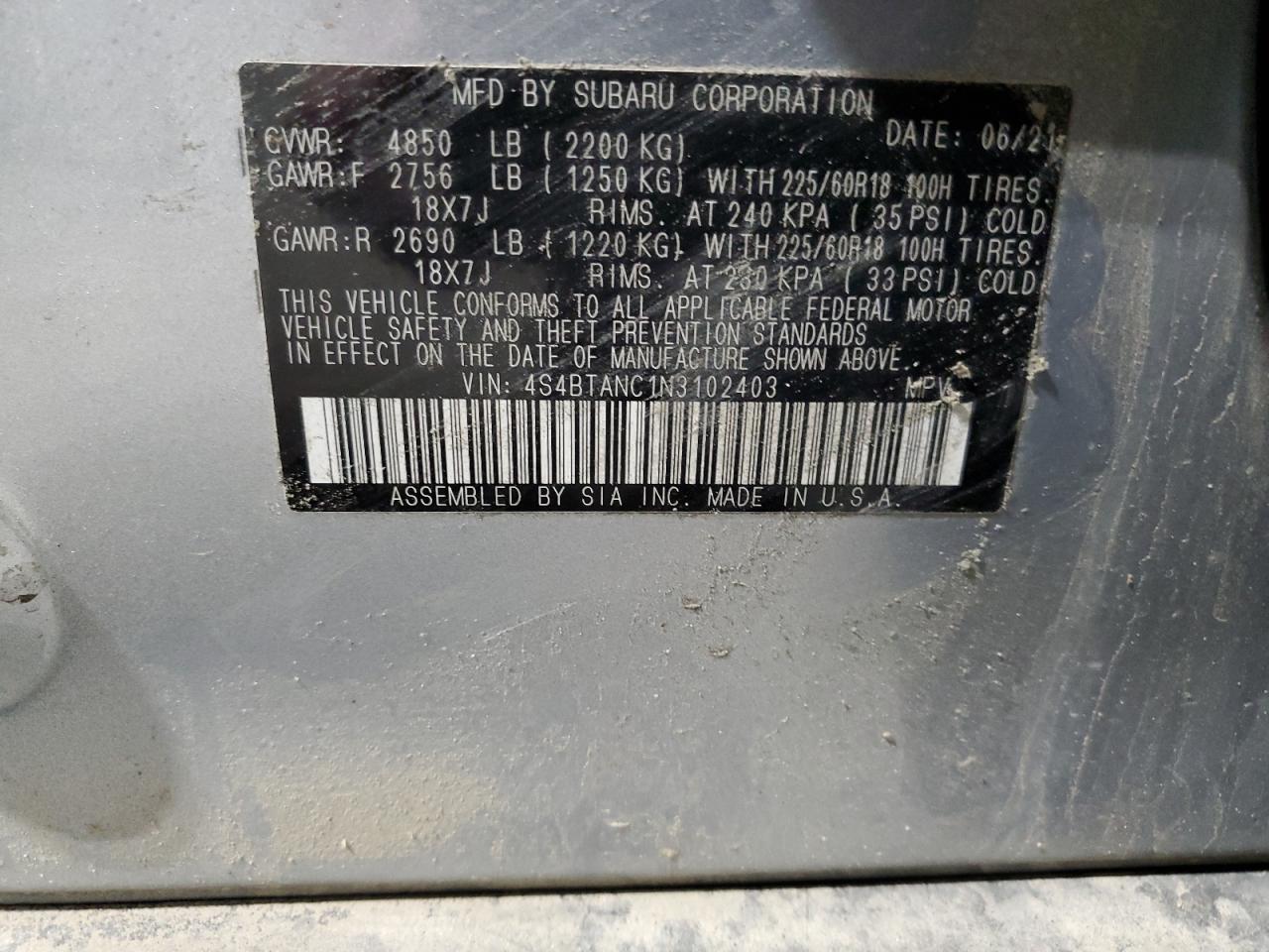 2022 Subaru Outback Limited VIN: 4S4BTANC1N3102403 Lot: 93532825