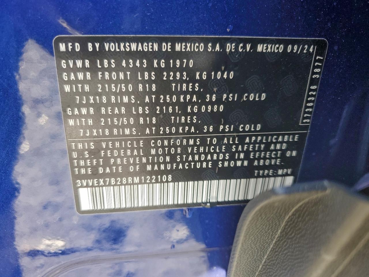 2024 Volkswagen Taos Se VIN: 3VVEX7B28RM122108 Lot: 94416015