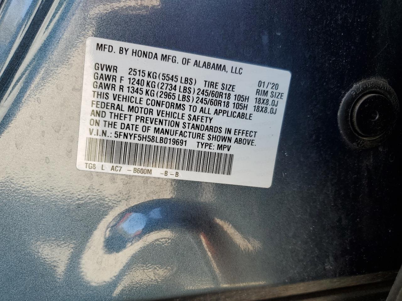 2020 Honda Pilot Exl VIN: 5FNYF5H58LB019691 Lot: 92199205