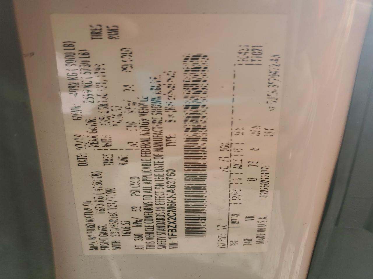 2019 Ford Transit T-350 VIN: 1FBZX2CM6KKA63760 Lot: 94065425