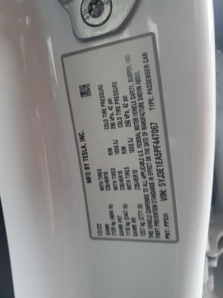 2023 Tesla Model 3 VIN: 5YJ3E1EA5PF447067 Lot: 93704365