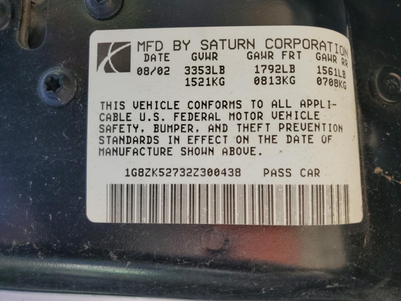 2002 Saturn Sl2 VIN: 1G8ZK52732Z300438 Lot: 92434605