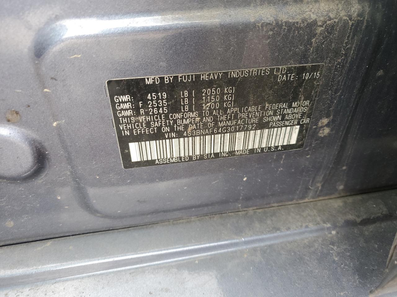 2016 Subaru Legacy 2.5I Premium VIN: 4S3BNAF64G3017792 Lot: 92510715