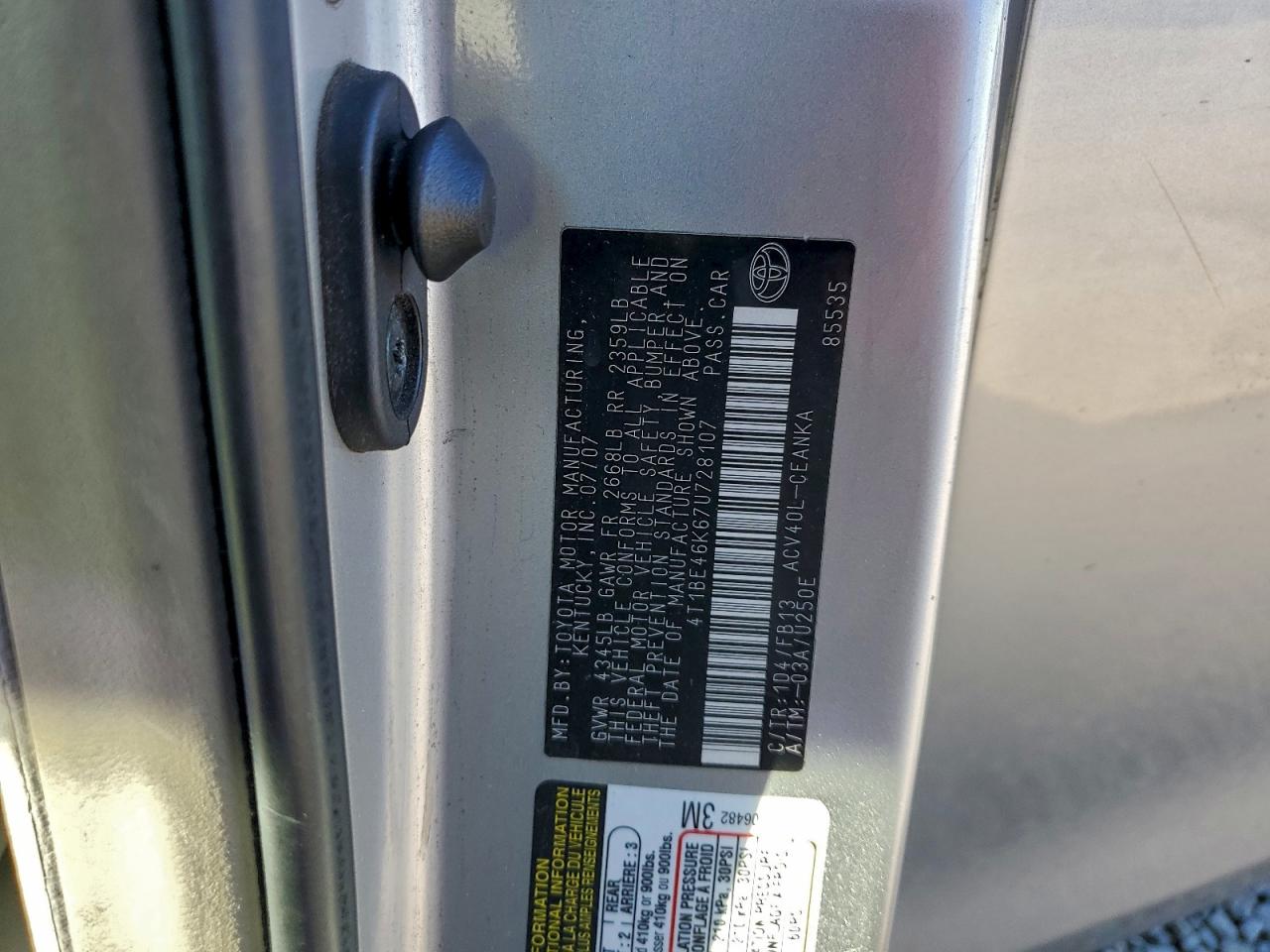 2007 Toyota Camry Ce VIN: 4T1BE46K67U728107 Lot: 93788615