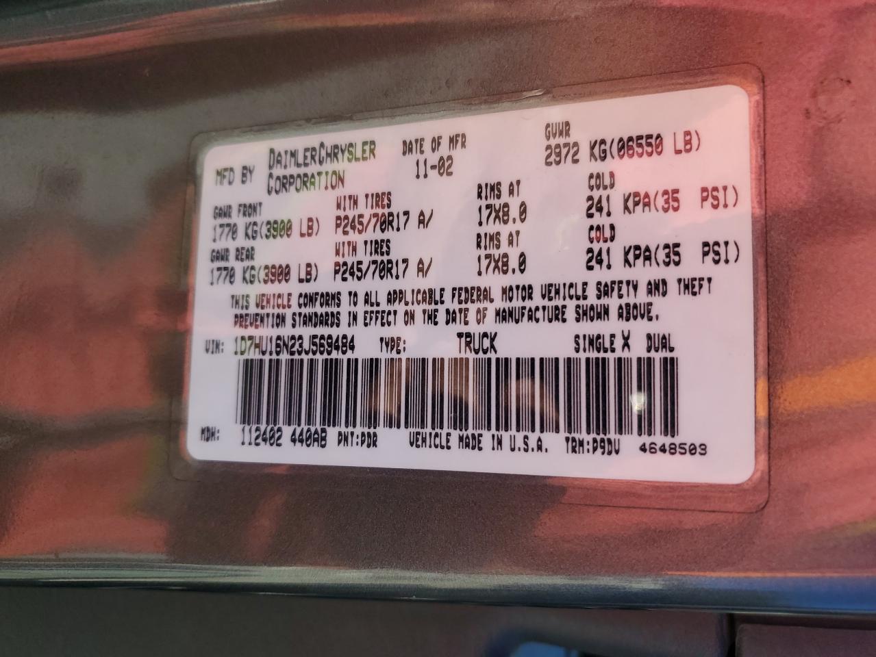 2003 Dodge Ram 1500 St VIN: 1D7HU16N23J569484 Lot: 91263475