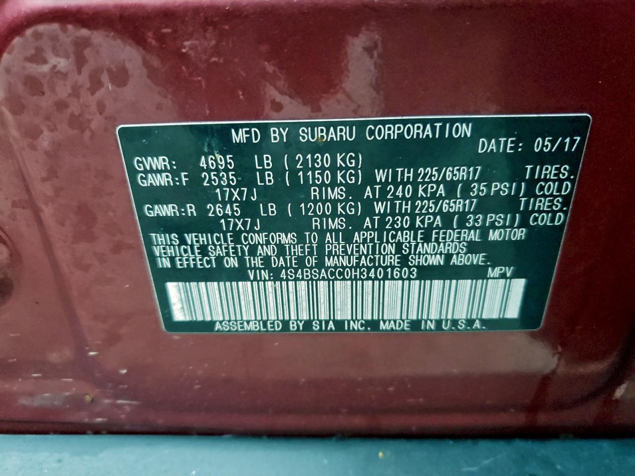 2017 Subaru Outback 2.5I Premium VIN: 4S4BSACC0H3401603 Lot: 93306505