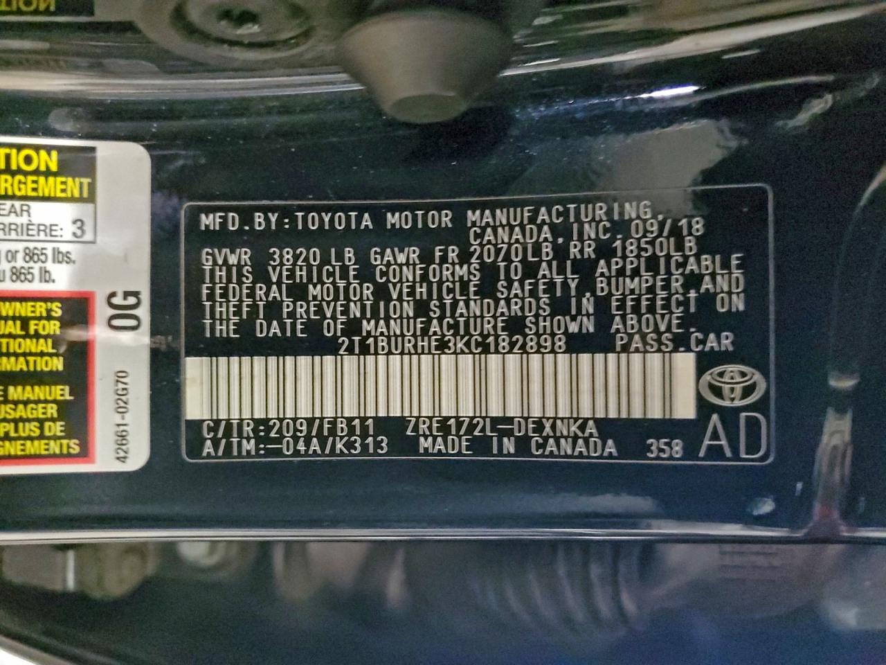 2019 Toyota Corolla L VIN: 2T1BURHE3KC182898 Lot: 94107505