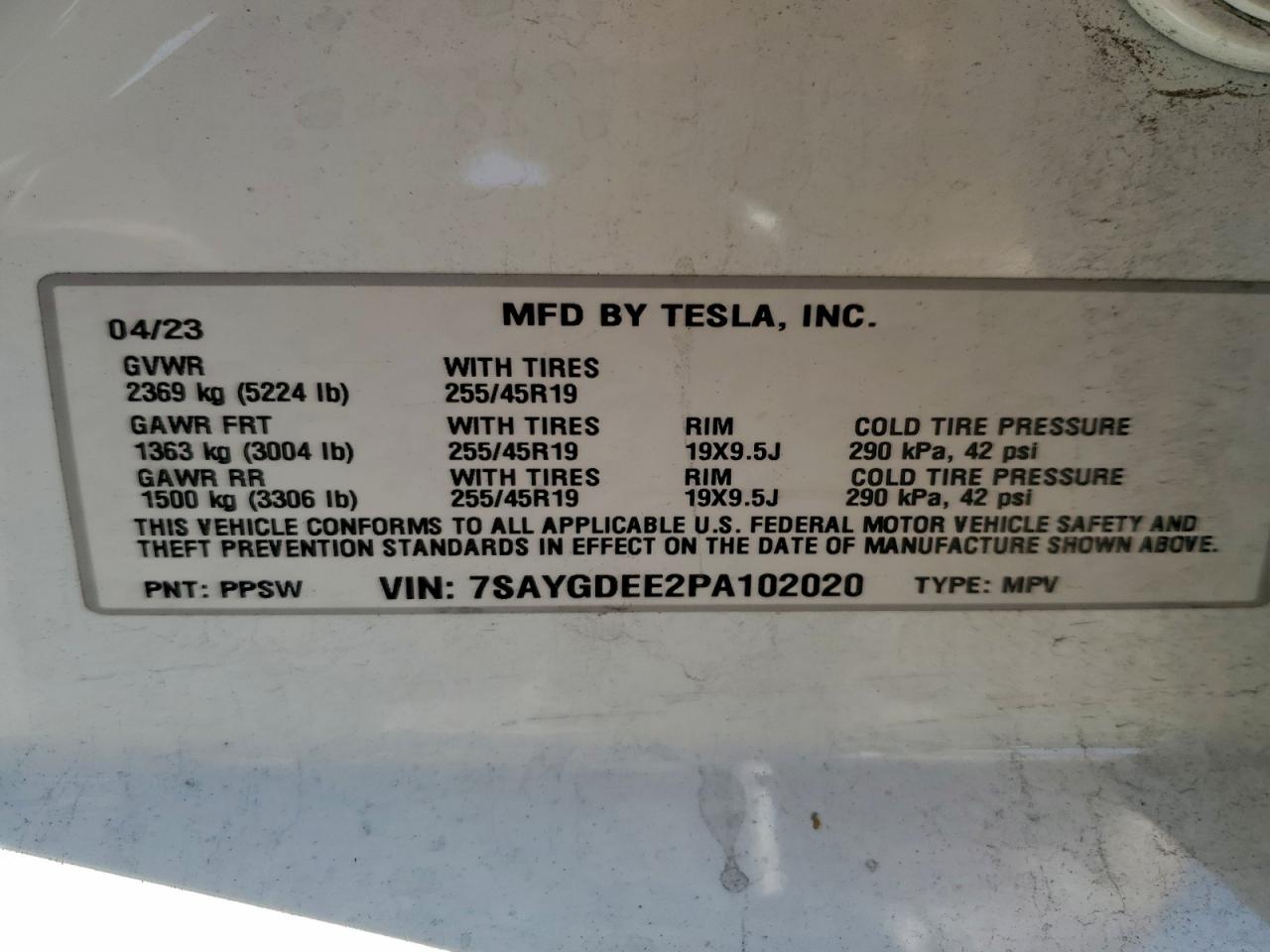 2023 Tesla Model Y VIN: 7SAYGDEE2PA102020 Lot: 94173075